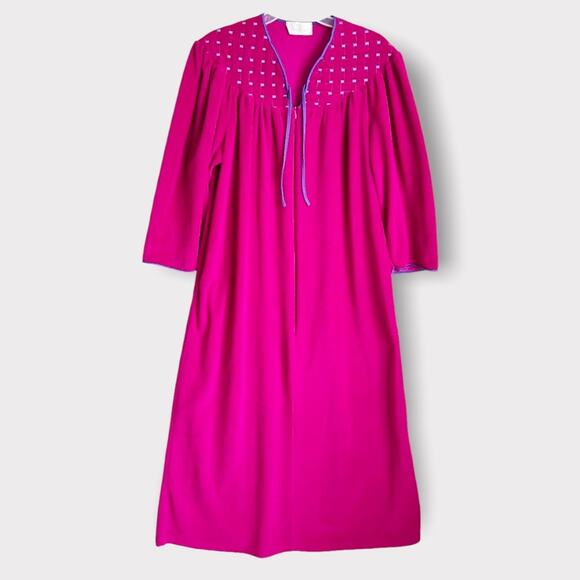 Vintage 1970s Vanity Fair Full Length House Coat Robe Nightgown Fuchsia Small - Picture 5 of 13